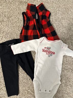 Baby Valentine Bodysuit with Black Leggings and Red Buffalo Vest